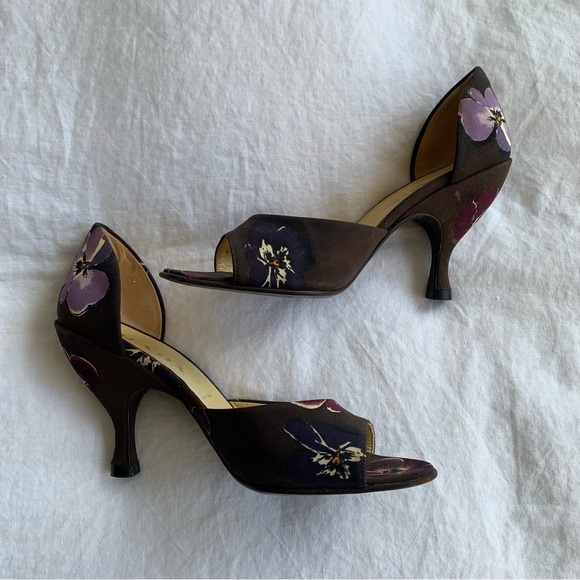 Vintage Prada 2000s Y2K Violet Poppy Floral Peep Toe Heels Shoes Brown Purple - Picture 5 of 7